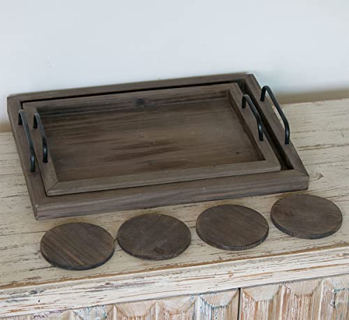 Juleduo Rustic Wooden Serving Trays with Handle-Set of 2-Decorative Nesting Food Board Platters 4 Coasters，for Breakfast Kitchen Ottoman Coffee Table