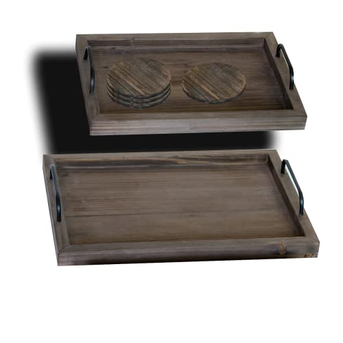 Juleduo Rustic Wooden Serving Trays with Handle-Set of 2-Decorative Nesting Food Board Platters 4 Coasters，for Breakfast Kitchen Ottoman Coffee Table