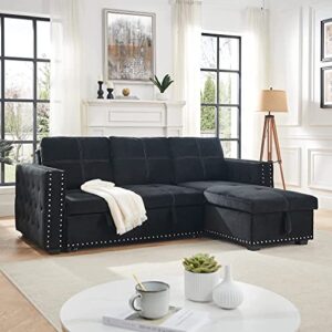 sectional sofa with chaise, habitrio 91" l-shape loveseat couch w/roll-out sleeper bed, reversible storage lounge, black velvet upholstered button tufted nailhead trim accent furniture for living room