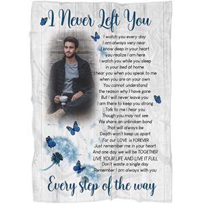 personalized memorial blanket| i never left you blue | remembrance blanket, memorial gift, sympathy blanket for loss of father, mother, husband in heaven, in loving memory| t1057 (50x60 inch)