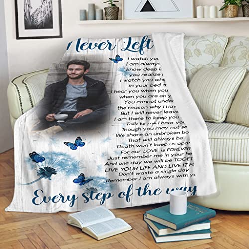 Personalized Memorial Blanket| I Never Left You Blue | Remembrance Blanket, Memorial Gift, Sympathy Blanket for Loss of Father, Mother, Husband in Heaven, in Loving Memory| T1057 (50x60 inch)