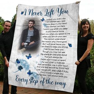 Personalized Memorial Blanket| I Never Left You Blue | Remembrance Blanket, Memorial Gift, Sympathy Blanket for Loss of Father, Mother, Husband in Heaven, in Loving Memory| T1057 (50x60 inch)