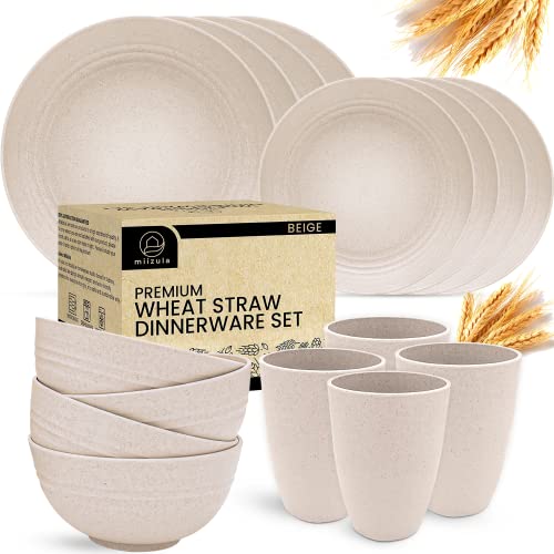 Miizula Premium 16 Pcs Beige Wheat Straw Plastic Dinnerware Sets - Unbreakable Reusable Wheat Straw Bowls and Plates Dinner Set - Microwave Dishwasher Freezer Safe - Deep Spillproof - Eco Friendly