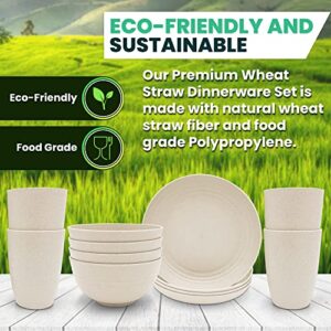 Miizula Premium 16 Pcs Beige Wheat Straw Plastic Dinnerware Sets - Unbreakable Reusable Wheat Straw Bowls and Plates Dinner Set - Microwave Dishwasher Freezer Safe - Deep Spillproof - Eco Friendly