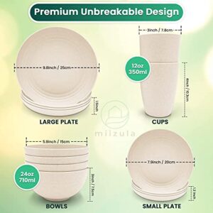 Miizula Premium 16 Pcs Beige Wheat Straw Plastic Dinnerware Sets - Unbreakable Reusable Wheat Straw Bowls and Plates Dinner Set - Microwave Dishwasher Freezer Safe - Deep Spillproof - Eco Friendly