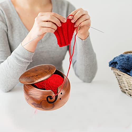 BTPOUY Wooden Yarn Bowl with Lid Round Knitting Yarn Bowls with Holes Handmade Yarn Storage Bowl Yarn Holder for Crocheting and Knitting, 5.7x3.4 Inch