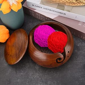 BTPOUY Wooden Yarn Bowl with Lid Round Knitting Yarn Bowls with Holes Handmade Yarn Storage Bowl Yarn Holder for Crocheting and Knitting, 5.7x3.4 Inch