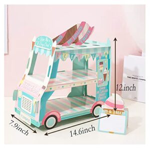 Pobbaami 3 Tier Cupcake Stand Ice Cream Truck Van Cake Stand Display Decor Cars Cupcake Stand Paper Holder for Theme Birthday Party Cart Table Centerpiece Decorations Kids Baby Shower Favors Supplies