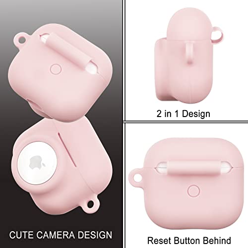 Linue 2 in 1 Case Cover Design for Airpods 3 and AirTags, Flexible Silicone Airpods 3 Case, Locator Case with Keychain Compatible with Airpods 3rd (2021) & Apple AirTag, Pink