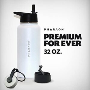 pharaon reusable sport & hiking water bottle | vacuum insulated stainless steel | double walled | bpa free | leak proof | travel friendly | includes 3 lids | hot & cold beverages | 32 oz color white