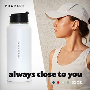 PHARAON Reusable Sport & Hiking Water Bottle | Vacuum Insulated Stainless Steel | Double Walled | BPA Free | Leak Proof | Travel Friendly | Includes 3 Lids | Hot & Cold Beverages | 32 Oz Color White