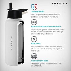 PHARAON Reusable Sport & Hiking Water Bottle | Vacuum Insulated Stainless Steel | Double Walled | BPA Free | Leak Proof | Travel Friendly | Includes 3 Lids | Hot & Cold Beverages | 32 Oz Color White