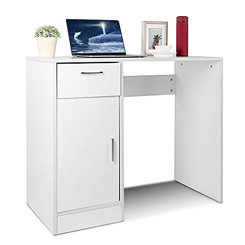 TOPINCN Computer Desk, 1 Drawer 1 Door Compact Computer PC Laptop Desk Home Laptop Notebook Computer Desk Modern Simple Style Office Desks Workstations Gaming Desk for Home Office Bedroom(White)