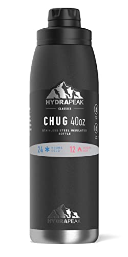 Hydrapeak 40 oz Insulated Water Bottle with Chug Lid - Leak Proof and Spill Proof Double Walled Vacuum Insulated Stainless Steel Water Bottles, Cold for 24 Hours | Hot for 12 Hours (Black)