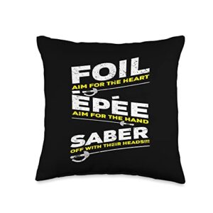 funny fencing apparel & gifts collection foil epée saber fencing fencer weapons fun throw pillow, 16x16, multicolor