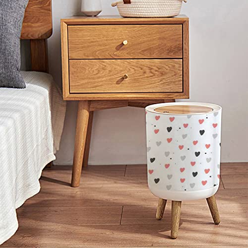 Small Round Trash Can Patterns with red and Grey Hearts with Recycle Bins with Press Top Lid Dog Proof Wastebasket for Kitchen Bathroom Bedroom Office 7L/1.8 Gallon