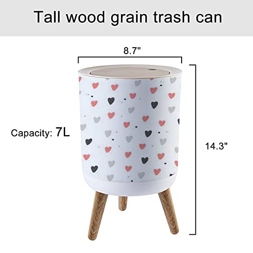 Small Round Trash Can Patterns with red and Grey Hearts with Recycle Bins with Press Top Lid Dog Proof Wastebasket for Kitchen Bathroom Bedroom Office 7L/1.8 Gallon