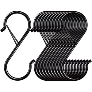 18 pack s hooks for hanging, 3.5 inch heavy duty black s hooks with safety buckle design, s shaped hooks for pot rack, closet rod, hanging clothes, kitchen utensil, plants, bags, towels
