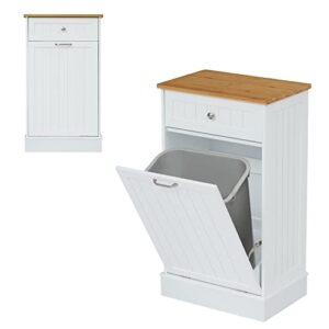 Kinsuite Tilt Out Trash Bin - White Wooden Trash Cabinet, Free Standing Kitchen Trash Can, Holder & Recycling Cabinet with Hideaway Drawer, Removable Bamboo Cutting Board