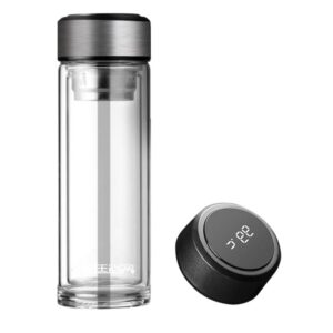 weeilyam, borosilicate glass bottle with silver cap led temperature (celsius) display smart thermo bottle 300ml (10 fl oz), double insultation tap to display temperature smart bottle