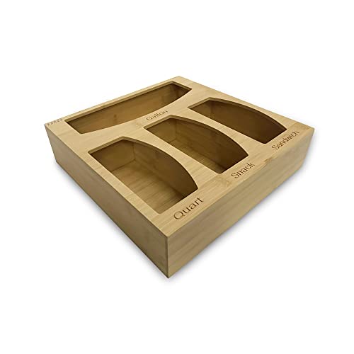 Kraze Home Bamboo Ziplock Bag Organizer & Dispenser, Kitchen Drawer Organizer, Bamboo Drawer Organizer, Baggie Organizer, Compatible with Ziploc/Glad/Gallon/Quart/Sandwich & Snack Size Bags