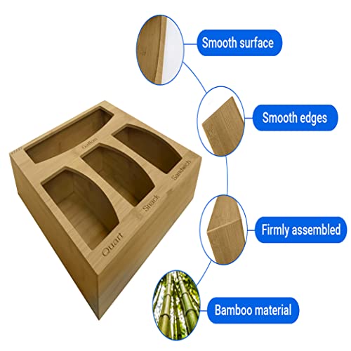 Kraze Home Bamboo Ziplock Bag Organizer & Dispenser, Kitchen Drawer Organizer, Bamboo Drawer Organizer, Baggie Organizer, Compatible with Ziploc/Glad/Gallon/Quart/Sandwich & Snack Size Bags