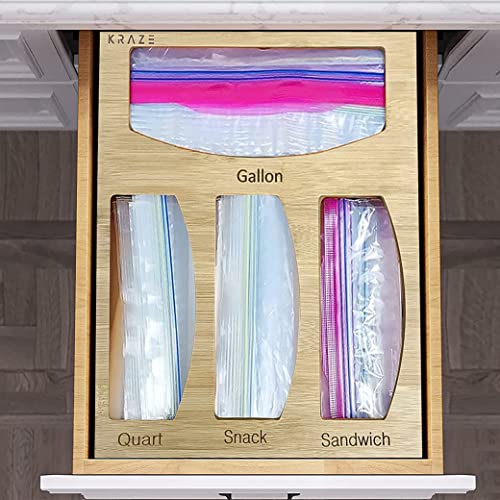 Kraze Home Bamboo Ziplock Bag Organizer & Dispenser, Kitchen Drawer Organizer, Bamboo Drawer Organizer, Baggie Organizer, Compatible with Ziploc/Glad/Gallon/Quart/Sandwich & Snack Size Bags
