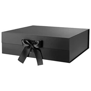 blk&wh extra large gift box with ribbon 16.3x14.2x5 inches, large black gift box with lid for presents, groomsman proposal box, big gift box for clothes and large gifts(glossy black)