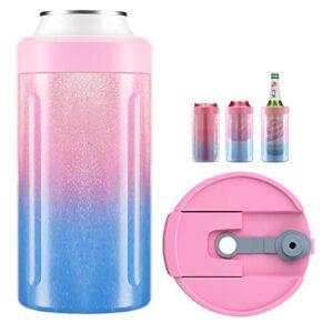 4 in 1 slim can cooler with lid for 12 oz skinny can, regular can & beer bottle, keep cold for 6 hours, double walled stainless steel vacuum beverage can insulator(glitter gradient)