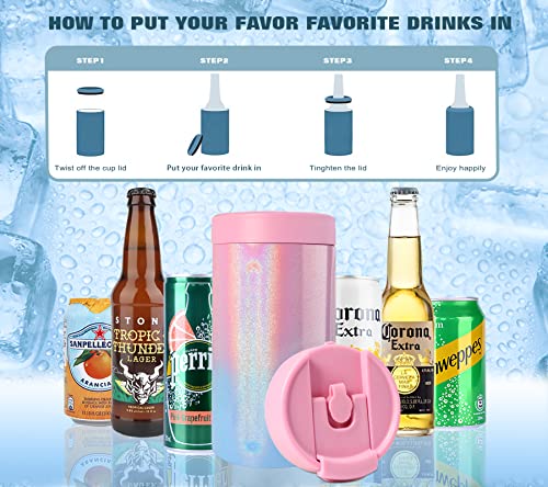 4 in 1 Slim Can Cooler with Lid for 12 OZ Skinny Can, Regular Can & Beer Bottle, Keep Cold for 6 Hours, Double Walled Stainless Steel Vacuum Beverage Can Insulator(Glitter Gradient)