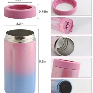 4 in 1 Slim Can Cooler with Lid for 12 OZ Skinny Can, Regular Can & Beer Bottle, Keep Cold for 6 Hours, Double Walled Stainless Steel Vacuum Beverage Can Insulator(Glitter Gradient)