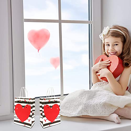 24 Pieces Valentines Day Paper Bags Gift Bags Valentine's Day Party Kraft Bags Red Color Hearts Bags with Handle Treat Bags for Kids Wrapping Holiday Valentines Day Goody Bags