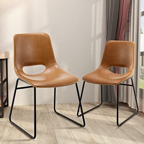 Faux Leather Dining Chairs Set of 2 Farmhouse Upholstered Dining Chair,Urban Industrial Indoor Kitchen Dining Chair, Boho Dining Chairs Mid Century Modern Minimalist Desk Chair Roxana 18" Whisky Brown