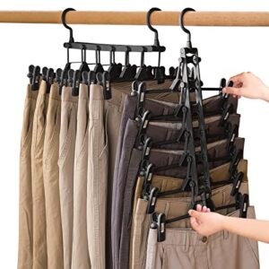 2 packs pant skirt hangers with clips, dilibra 6 layers plastic space saving pants rack cloth hangers, foldable closet storage organizer for pants jeans slack trousers skirts scarf towels