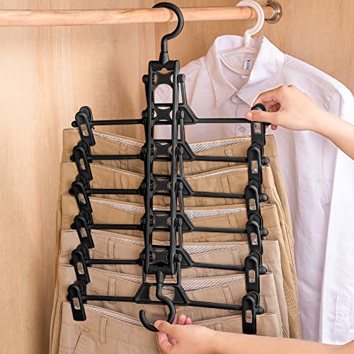 2 Packs Pant Skirt Hangers with Clips, DILIBRA 6 Layers Plastic Space Saving Pants Rack Cloth Hangers, Foldable Closet Storage Organizer for Pants Jeans Slack Trousers Skirts Scarf Towels