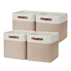 DULLEMELO Cube Storage Bins - 4 Pack Foldable Large Storage Baskets 12 inch Gifts Empty Fabric Bins for Home Office Cubes Organizer Closet, Shelves, Toy, Nursery (4 Pack - 12" White&Khaki)