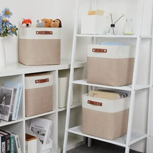DULLEMELO Cube Storage Bins - 4 Pack Foldable Large Storage Baskets 12 inch Gifts Empty Fabric Bins for Home Office Cubes Organizer Closet, Shelves, Toy, Nursery (4 Pack - 12" White&Khaki)