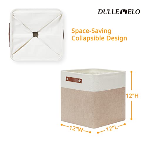 DULLEMELO Cube Storage Bins - 4 Pack Foldable Large Storage Baskets 12 inch Gifts Empty Fabric Bins for Home Office Cubes Organizer Closet, Shelves, Toy, Nursery (4 Pack - 12" White&Khaki)