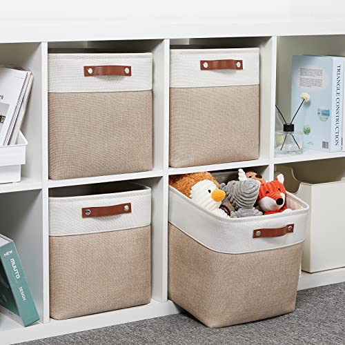 DULLEMELO Cube Storage Bins - 4 Pack Foldable Large Storage Baskets 12 inch Gifts Empty Fabric Bins for Home Office Cubes Organizer Closet, Shelves, Toy, Nursery (4 Pack - 12" White&Khaki)