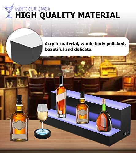 LED Lighted Liquor Bottle Display Shelf 24 inch 2 Step with LED Coaster for Home Commercial Bar, Acrylic Illuminated Bar Shelf with Remote,20 Static Colors, 22 Dynamic Modes (2 Step 24 inch)