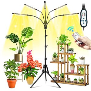 wolezek grow light with stand, [5-heads] led grow lights for indoor plants full spectrum, plant grow lamp 3000k 6500k 660nm, 4/8/12h auto timer, 12v 3a dc adapter, tripod 15-61in