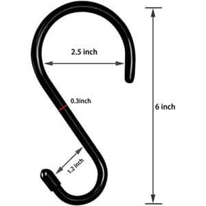 LEBERY 6 Inch S Hooks, 6Pcs Large Vinyl Coated Heavy Duty Non Slip S Hanging Hooks, 7mm Thickness Metal Black S Shaped Hanger Hooks for Hanging Plants, Closet, Garden