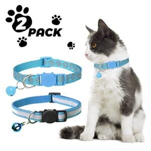 BANMODER 2 Pack Reflective Cat Collar Breakaway with Bell,Personalized Kitten Collars,Adjustable Safety Buckle Collar for Male Cats Girls & Boys (Sky Blue)