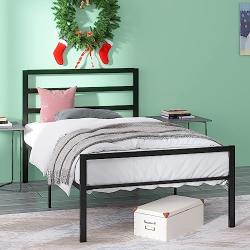 HOMBCK Twin Bed Frames with Headboard and Footboard, 12 Inch Bed Frame Twin with Under Bed Storage, Heavy Duty Bed Frame No Box Spring Needed, Easy Assembly, Black