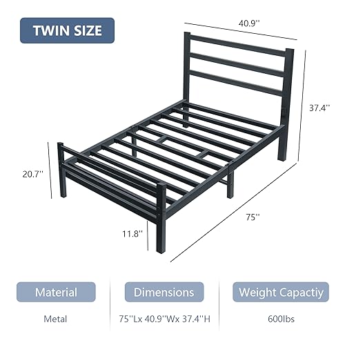 HOMBCK Twin Bed Frames with Headboard and Footboard, 12 Inch Bed Frame Twin with Under Bed Storage, Heavy Duty Bed Frame No Box Spring Needed, Easy Assembly, Black