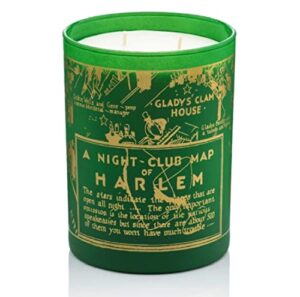 harlem candle company holiday map luxury candle, 12 oz green glass jar with harlem map print, double wick, soy wax, gift box, winter-fresh fir, pine needles and mint-infused eucalyptus