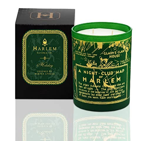 Harlem Candle Company Holiday Map Luxury Candle, 12 oz Green Glass Jar with Harlem Map Print, Double Wick, Soy Wax, Gift Box, Winter-Fresh Fir, Pine Needles and Mint-Infused Eucalyptus