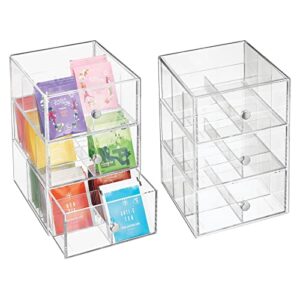 mdesign plastic wide kitchen pantry, cabinet, countertop organizer storage station with 3 drawers for coffee, tea, sugar packets, sweeteners, creamers, drink pods, packets; 18 sections, 2 pack - clear