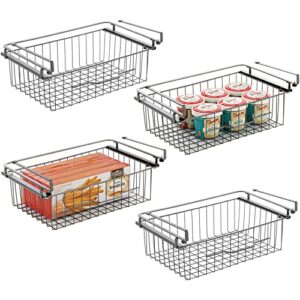 mdesign large metal wire hanging pullout drawer basket - sliding under shelf storage organizer - attaches to shelving - easy install - 4 pack - graphite gray