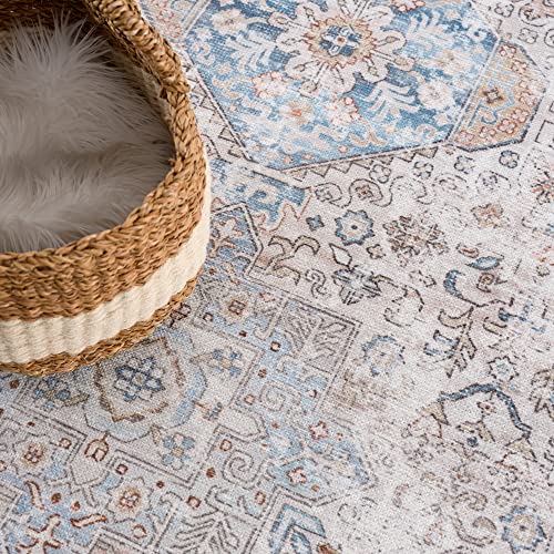 Bloom Rugs Caria Washable Non-Slip 3x5 Rug - Beige/Ocean Blue Traditional Area Rug for Living Room, Bedroom, Dining Room, and Kitchen - Exact Size: 3' x 5'